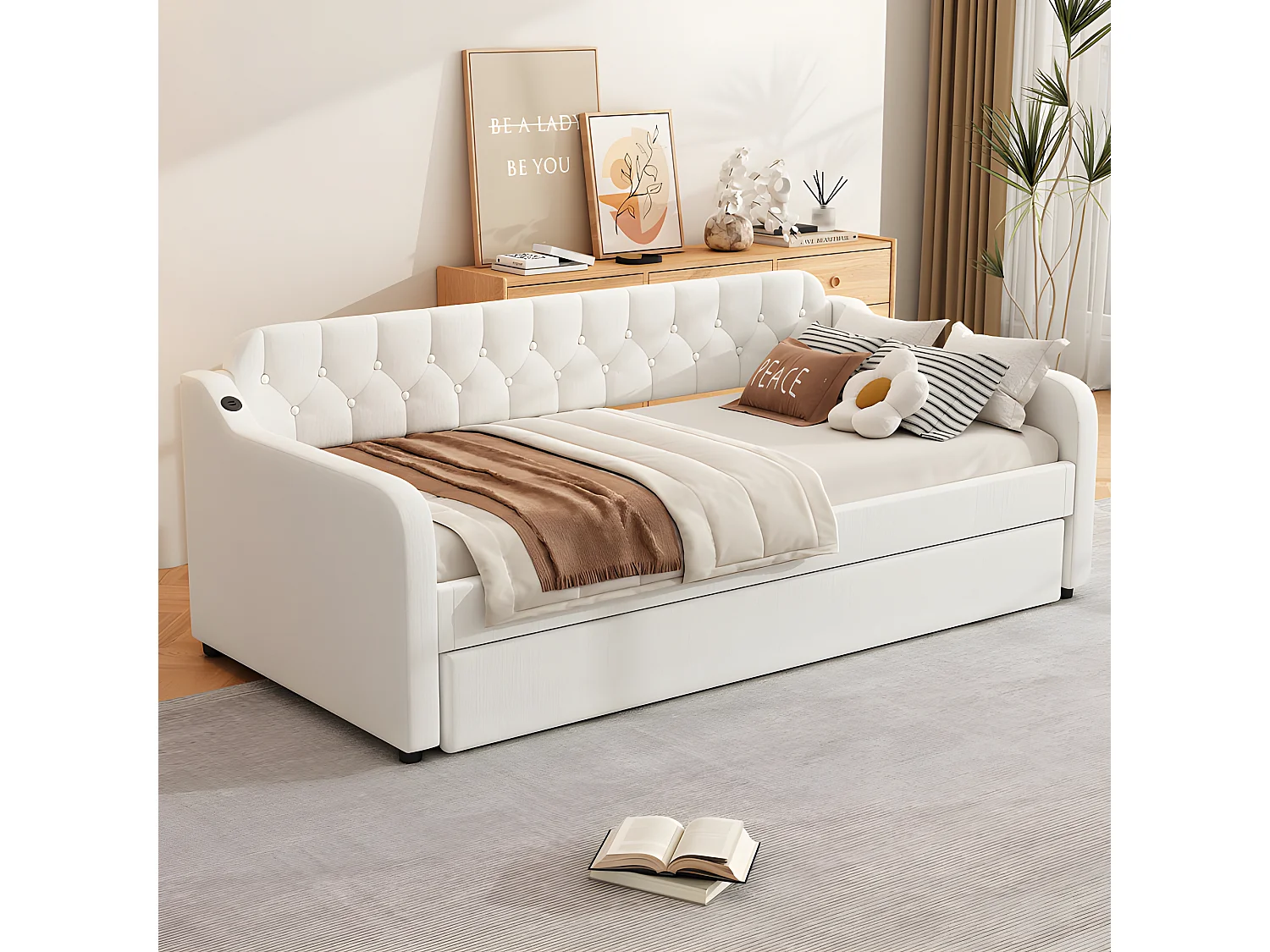 Lit gigogne 90x200cm - avec Port USB - tissu en Lin - Beige