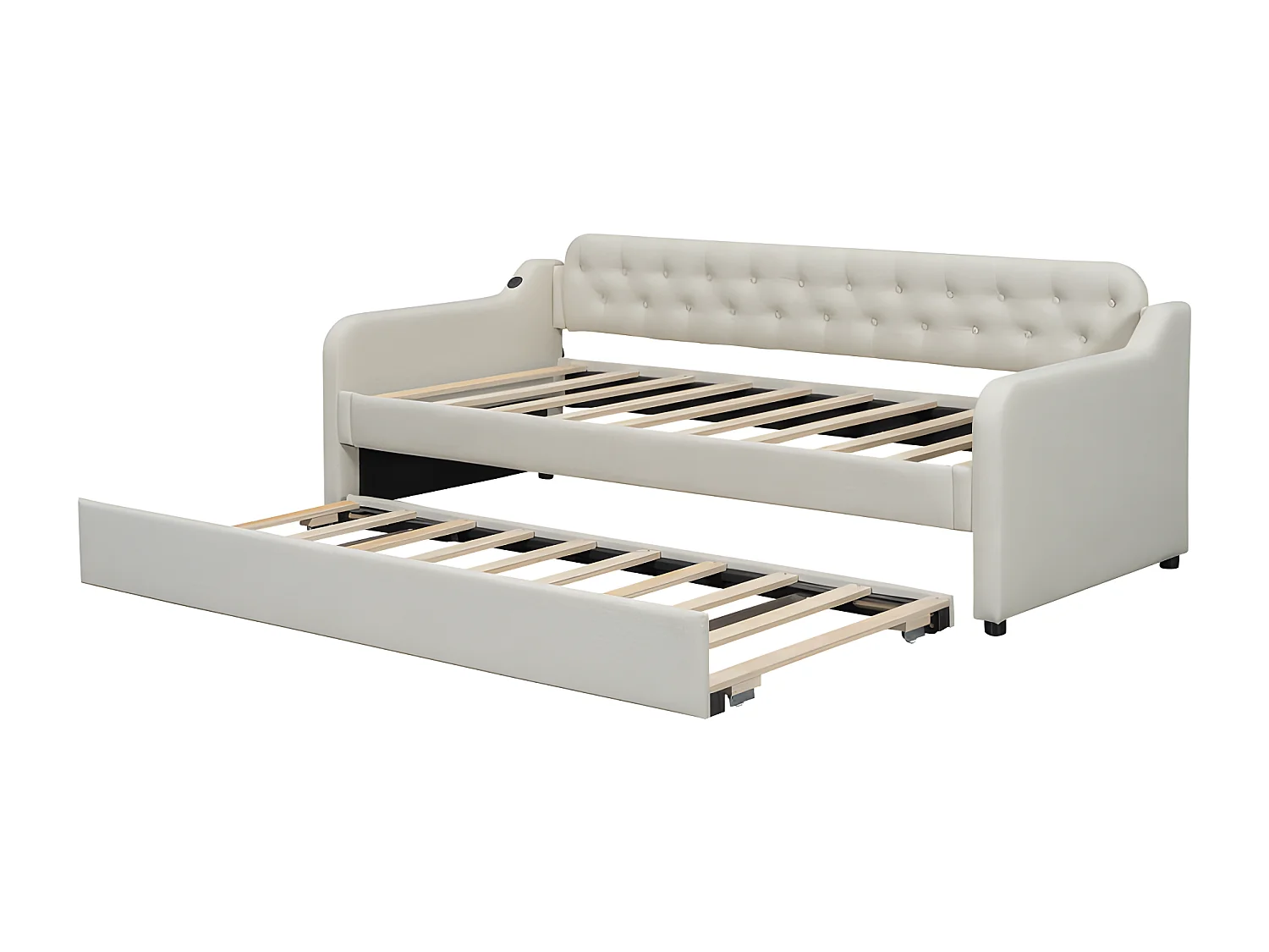 Lit gigogne 90x200cm - avec Port USB - tissu en Lin - Beige