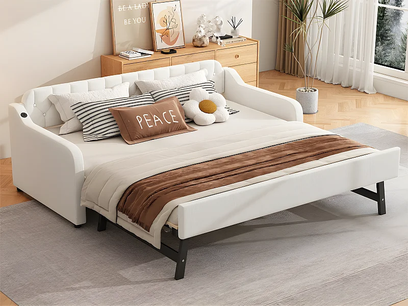 Onderschuifbed 90x200cm - met USB-poort - Linnen stof - Beige
