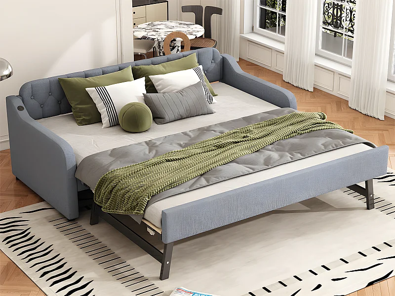 Ausziehbett 90 x 200 cm – mit USB-Anschluss – Leinenstoff – Grau