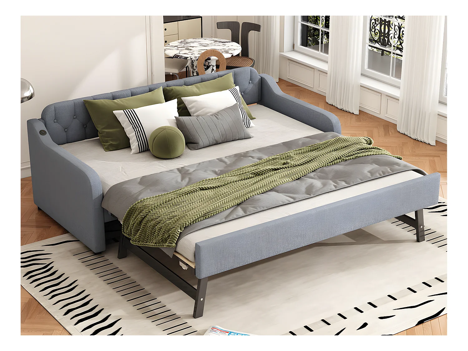 Ausziehbett 90 x 200 cm – mit USB-Anschluss – Leinenstoff – Grau