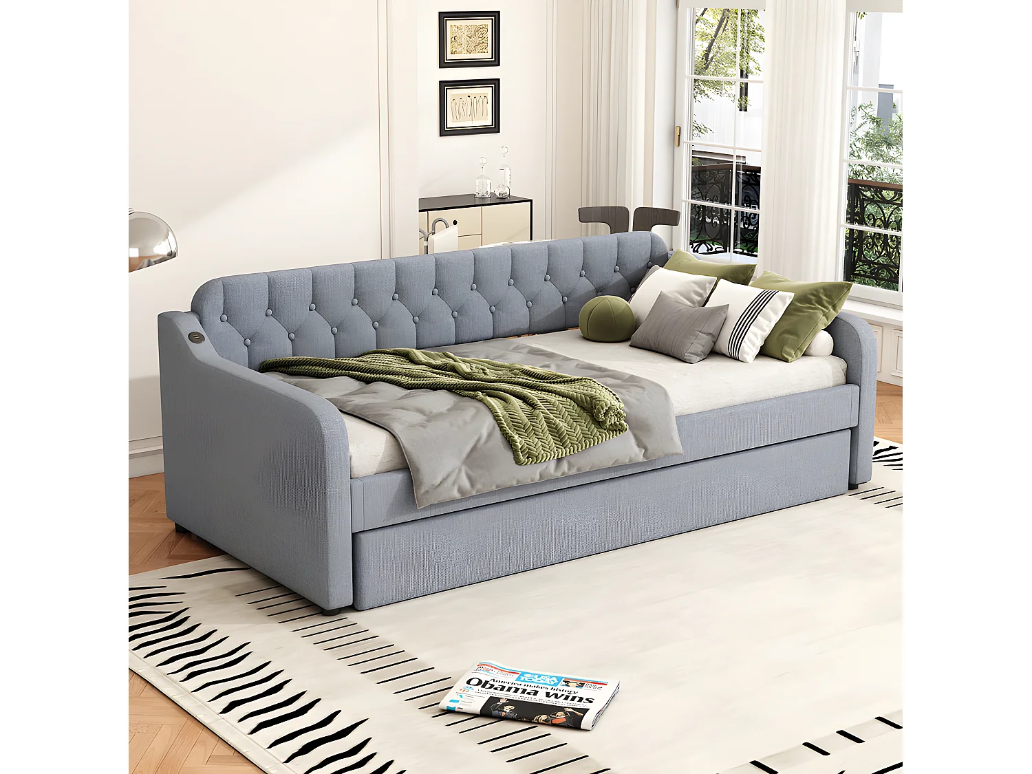 Ausziehbett 90 x 200 cm – mit USB-Anschluss – Leinenstoff – Grau