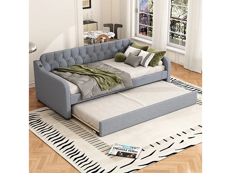Łóżko piętrowe 90x200cm - z portem USB - tkanina lniana - szary