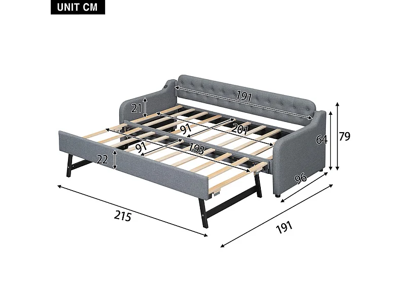Łóżko piętrowe 90x200cm - z portem USB - tkanina lniana - szary