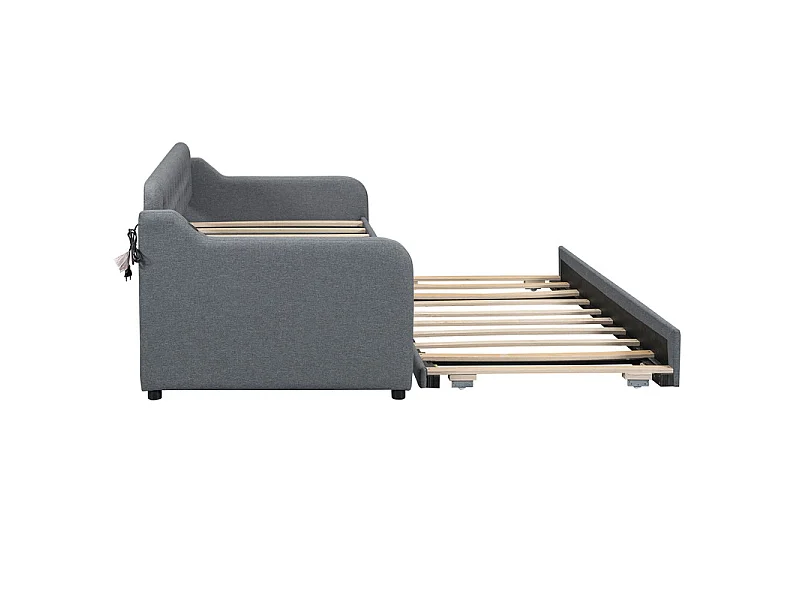 Łóżko piętrowe 90x200cm - z portem USB - tkanina lniana - szary