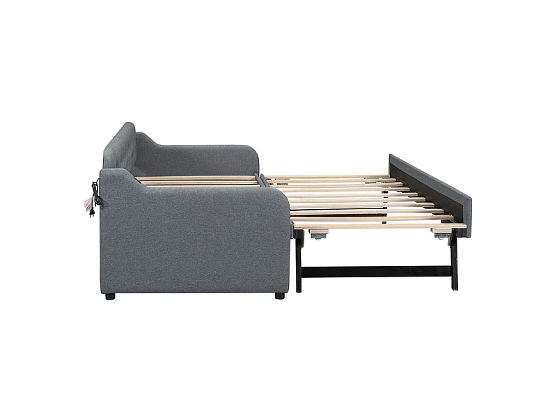 Łóżko piętrowe 90x200cm - z portem USB - tkanina lniana - szary