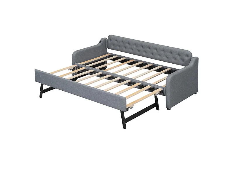 Łóżko piętrowe 90x200cm - z portem USB - tkanina lniana - szary