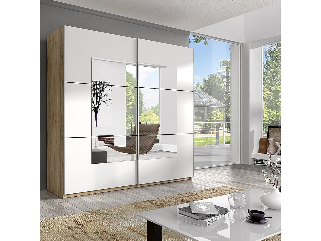 Armoire design 2 portes 220cm couleur chêne clair et blanc. Collection EOS