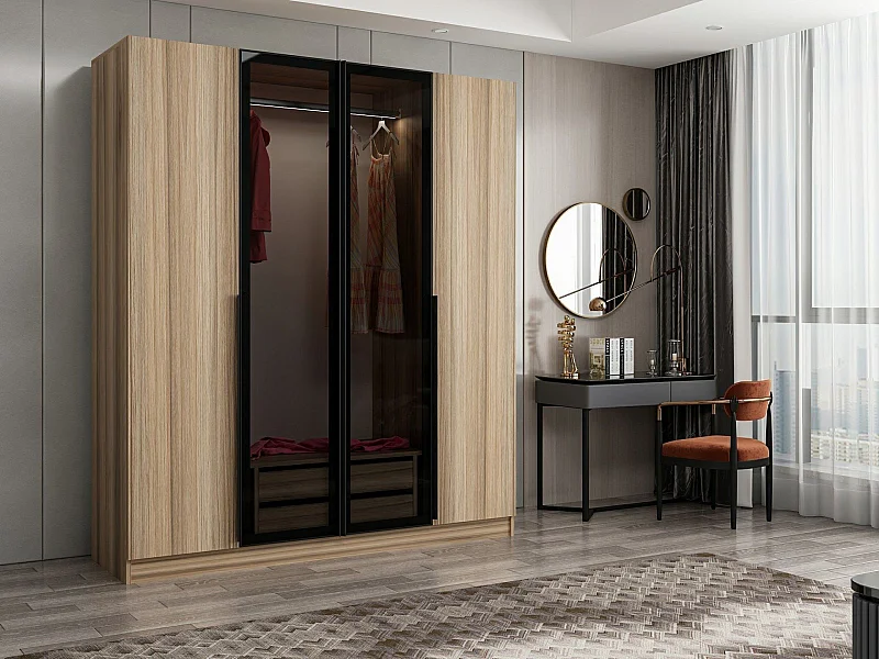 Armoire design 2 portes et 2 portes vitrées Kanowa L180xH210cm Chêne clair et Noir