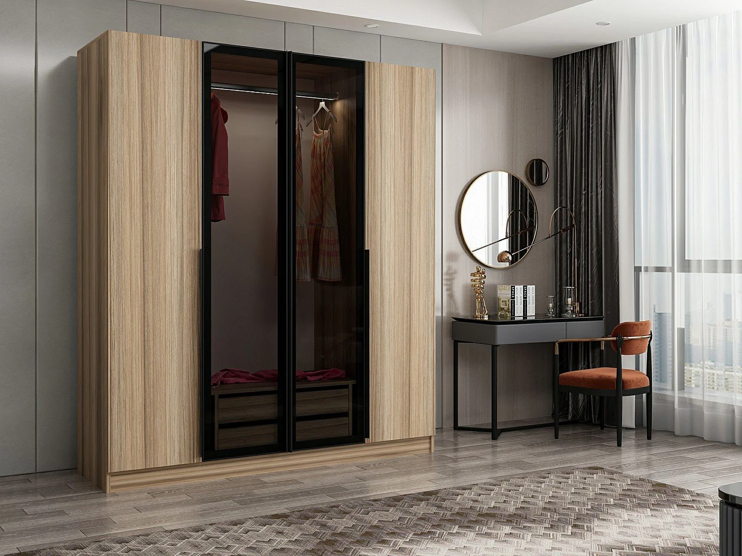 Armoire design 2 portes et 2 portes vitrées Kanowa L180xH210cm Chêne clair et Noir
