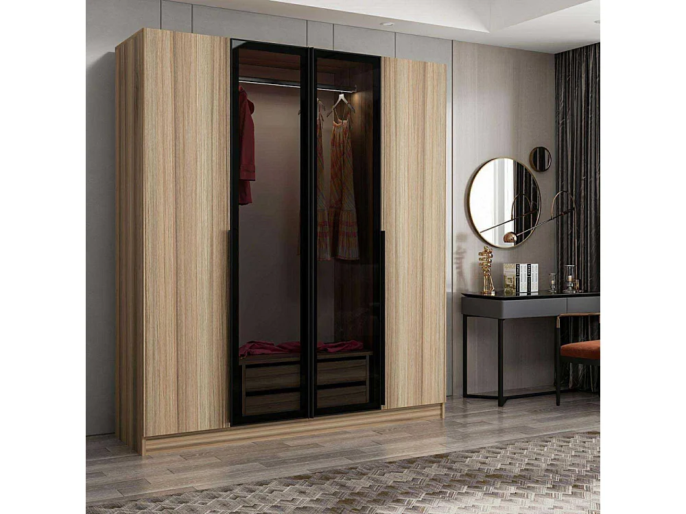 Armoire design 2 portes et 2 portes vitrées Kanowa L180xH210cm Chêne clair et Noir