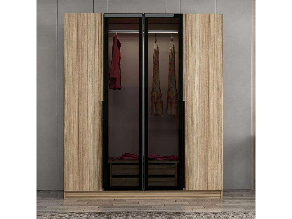 Armoire design 2 portes et 2 portes vitrées Kanowa L180xH210cm Chêne clair et Noir