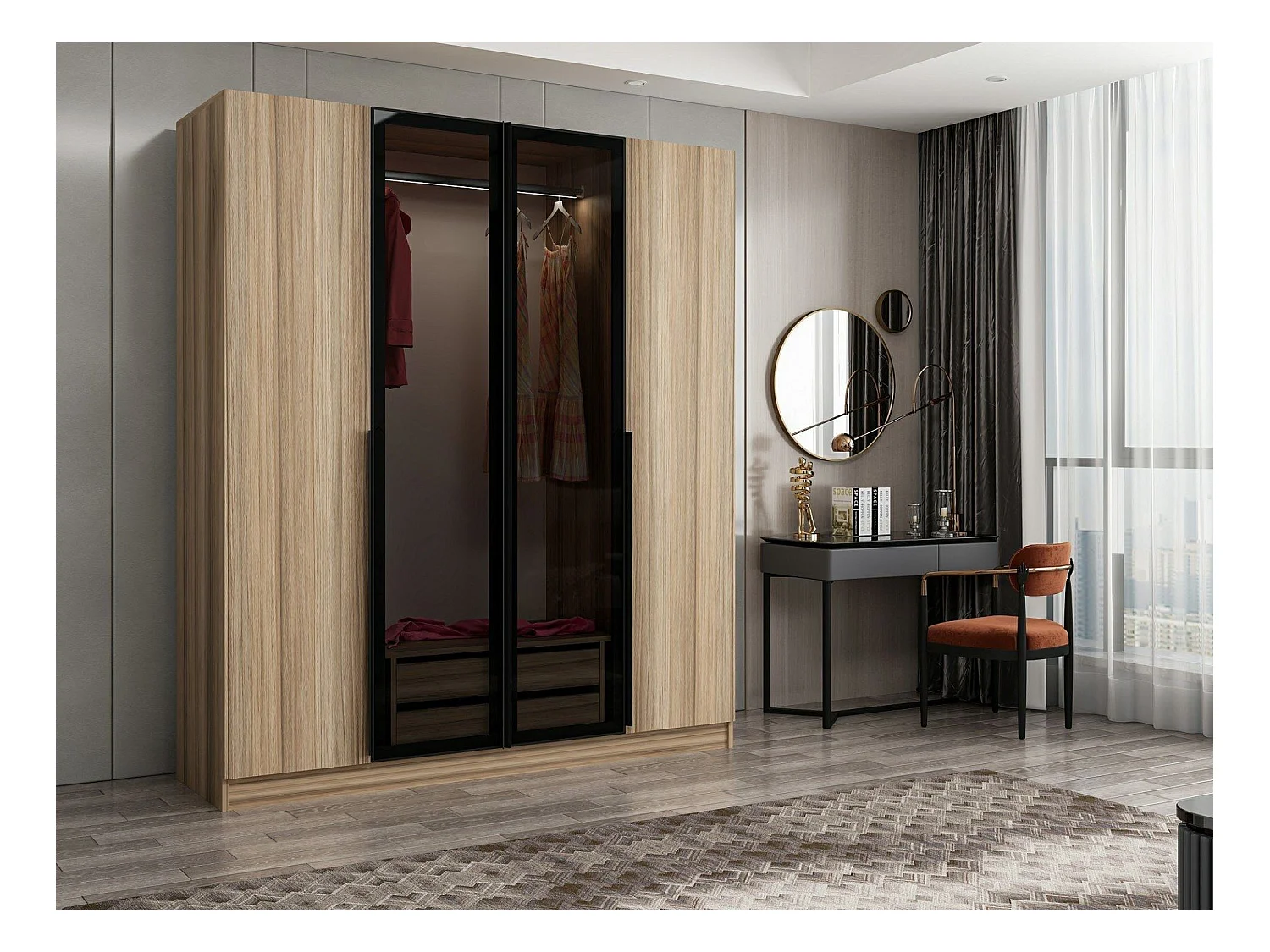 Armoire design 2 portes et 2 portes vitrées Kanowa L180xH210cm Chêne clair et Noir