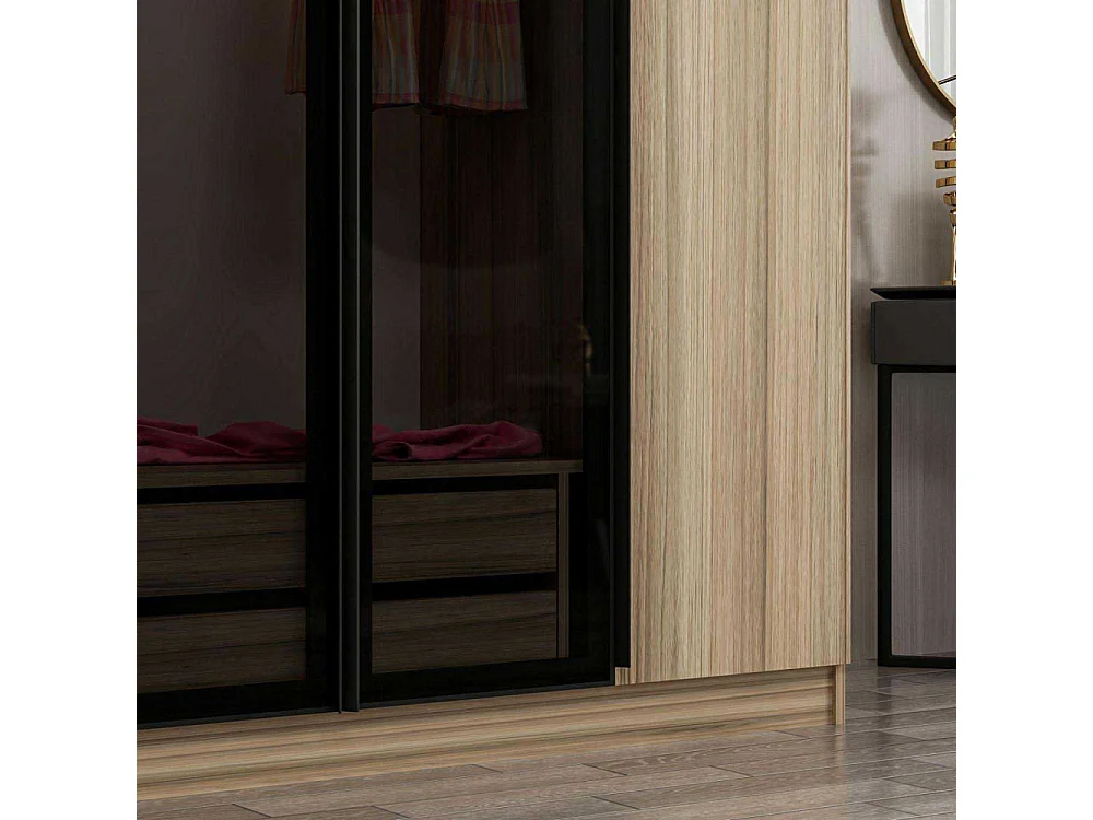 Armoire design 2 portes et 2 portes vitrées Kanowa L180xH210cm Chêne clair et Noir