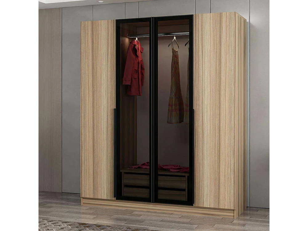 Armoire design 2 portes et 2 portes vitrées Kanowa L180xH210cm Chêne clair et Noir