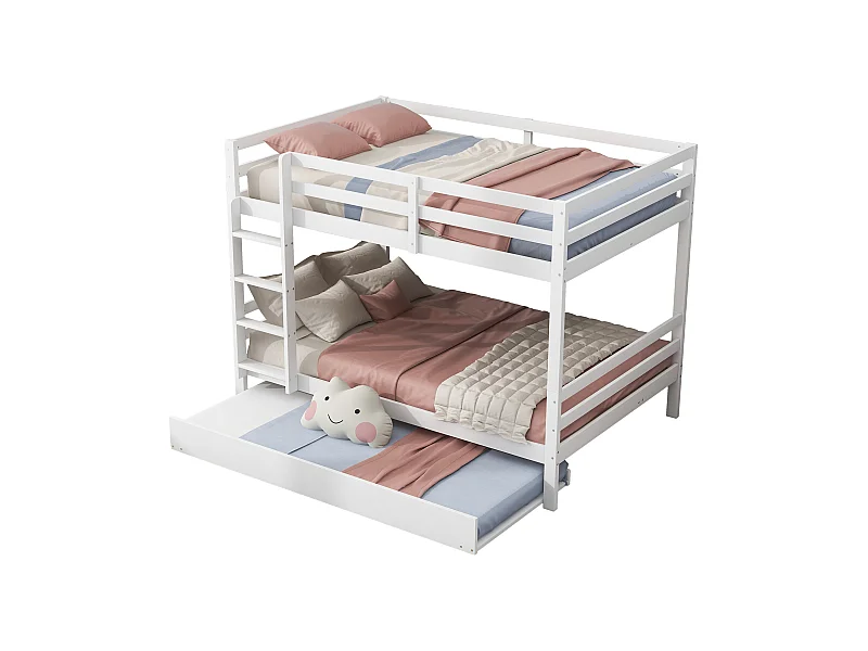 Weiß 140 * 200cm Etagenbett für Kinder, Etagenbett mit Ausziehbett, hohe Stange, stabile Treppe.