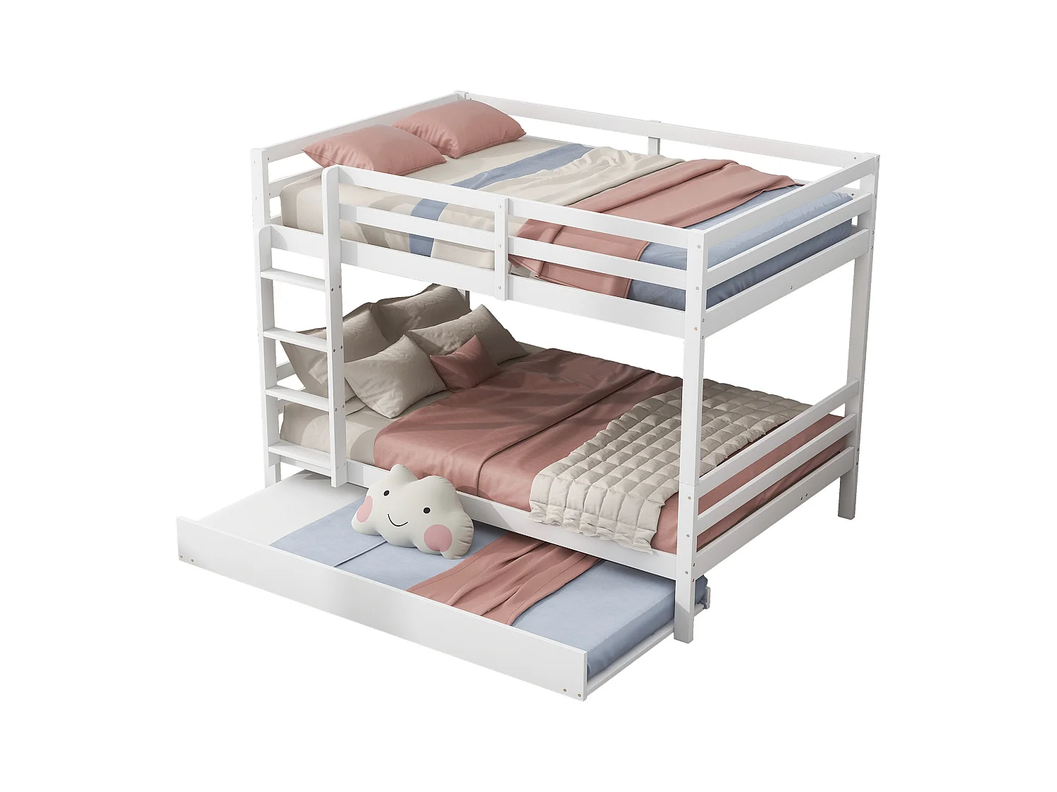 Weiß 140 * 200cm Etagenbett für Kinder, Etagenbett mit Ausziehbett, hohe Stange, stabile Treppe.