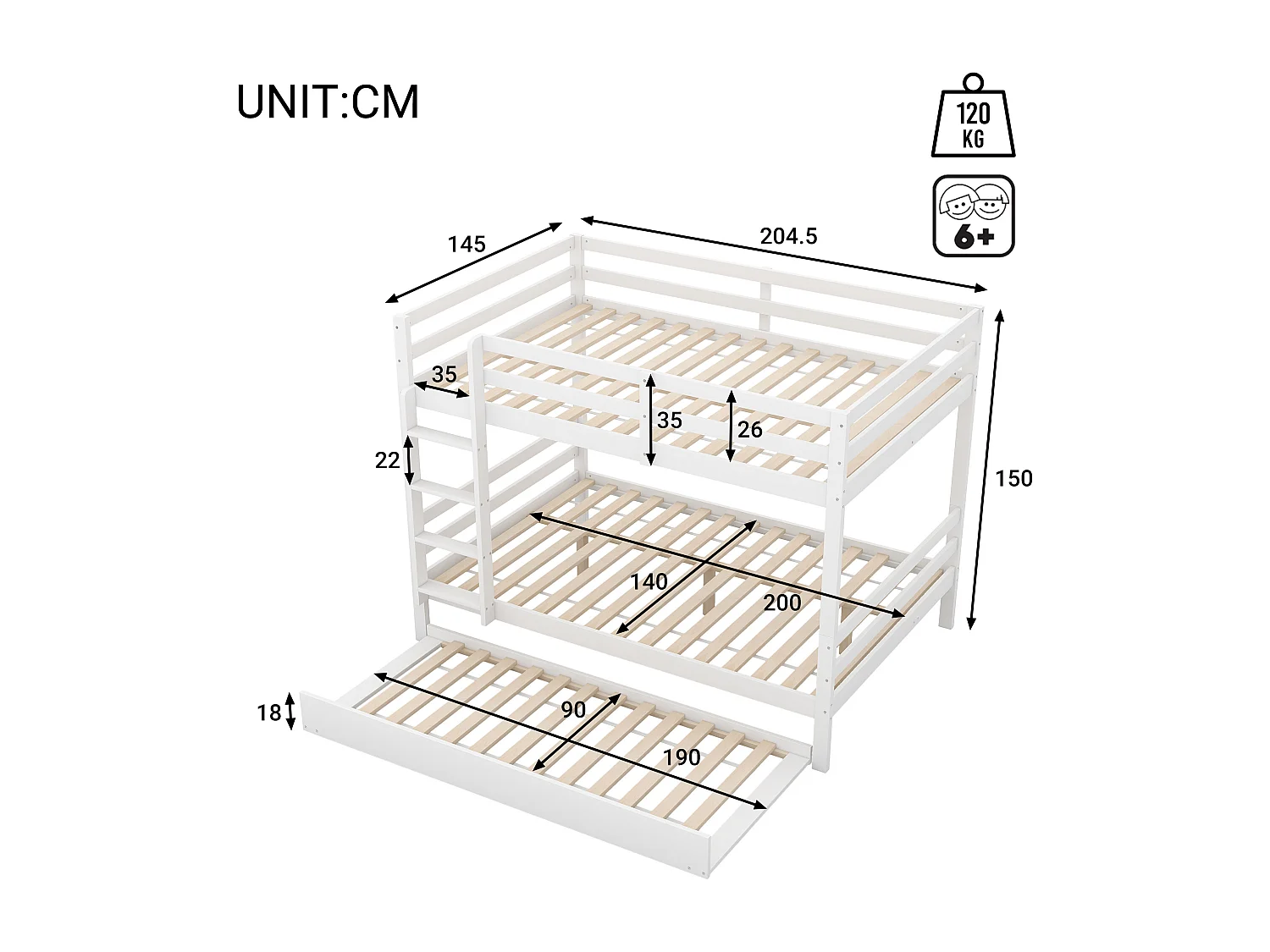 Blanc 140 * 200cm lits superposés pour les enfants, lits superposés avec lit gigogne, barre de haute hauteur, escalier stable