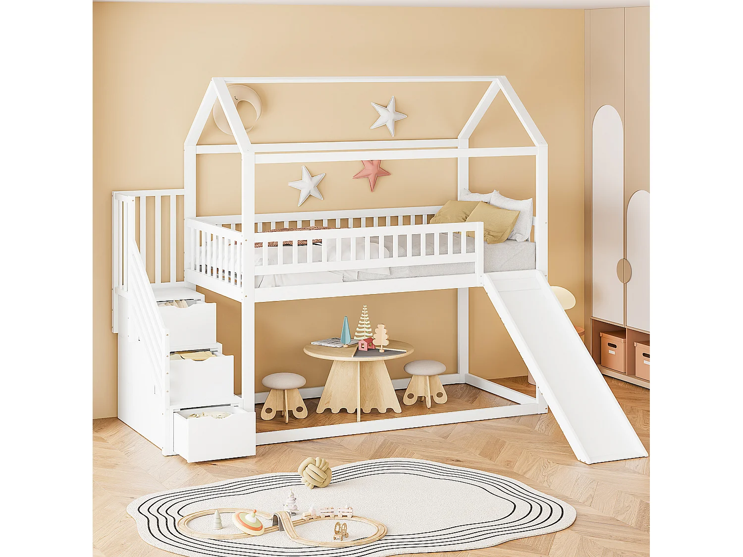 Lit mezzanine 90x200 cm - avec un toboggan et échelle de rangement - en bois massif - avec sommier à lattes - Blanc