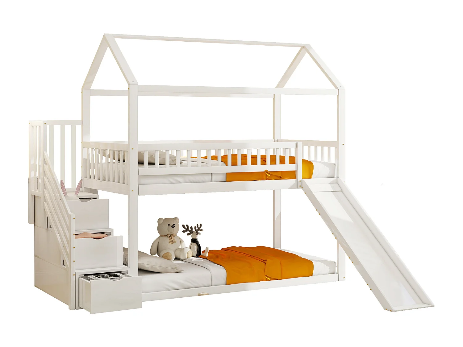 Lit mezzanine 90x200 cm - avec un toboggan et échelle de rangement - en bois massif - avec sommier à lattes - Blanc