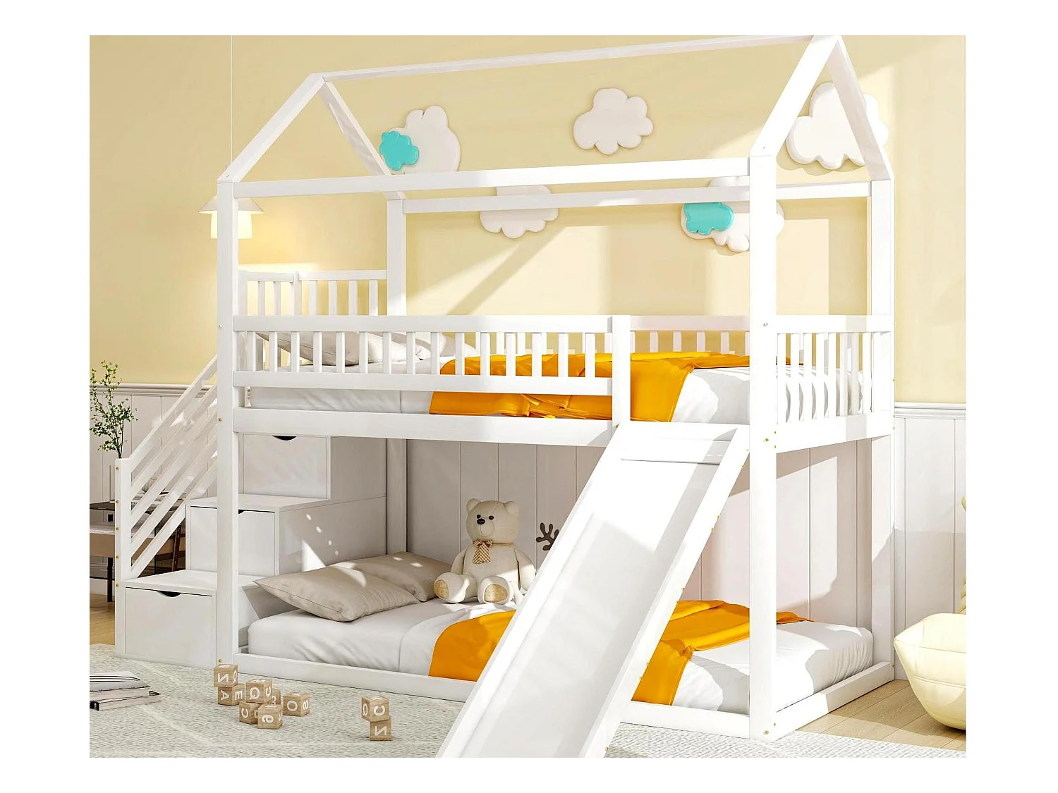 Lit mezzanine 90x200 cm - avec un toboggan et échelle de rangement - en bois massif - avec sommier à lattes - Blanc