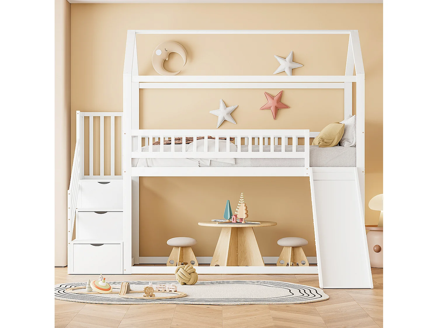 Lit mezzanine 90x200 cm - avec un toboggan et échelle de rangement - en bois massif - avec sommier à lattes - Blanc