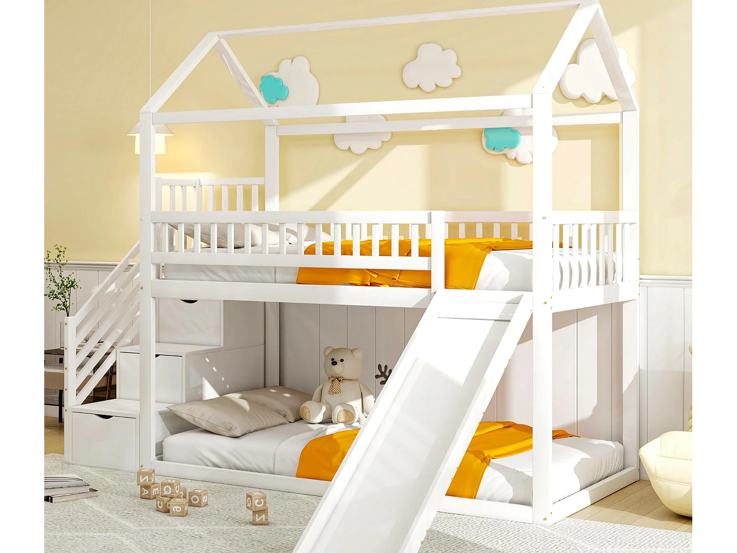 Kinder-Hochbett 90x200 cm – mit Rutsche und Aufbewahrungsleiter – Massivholz – mit Lattenrost – Weiß
