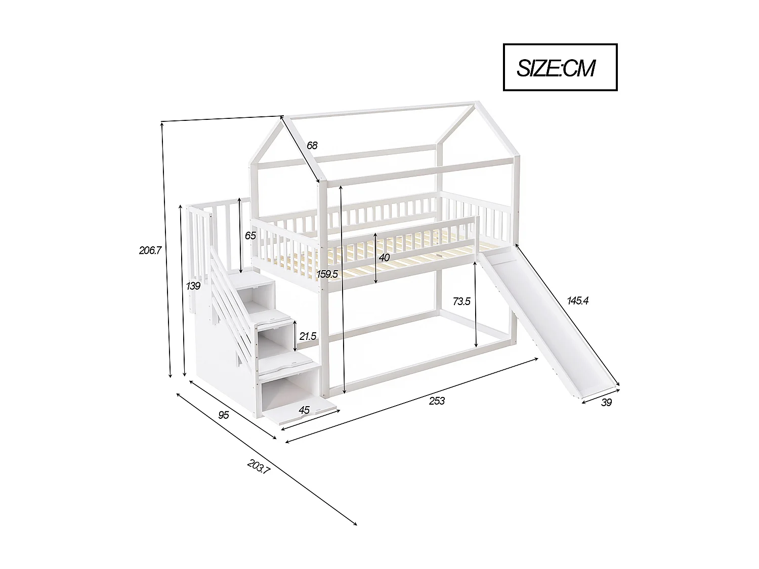 Kinder-Hochbett 90x200 cm – mit Rutsche und Aufbewahrungsleiter – Massivholz – mit Lattenrost – Weiß