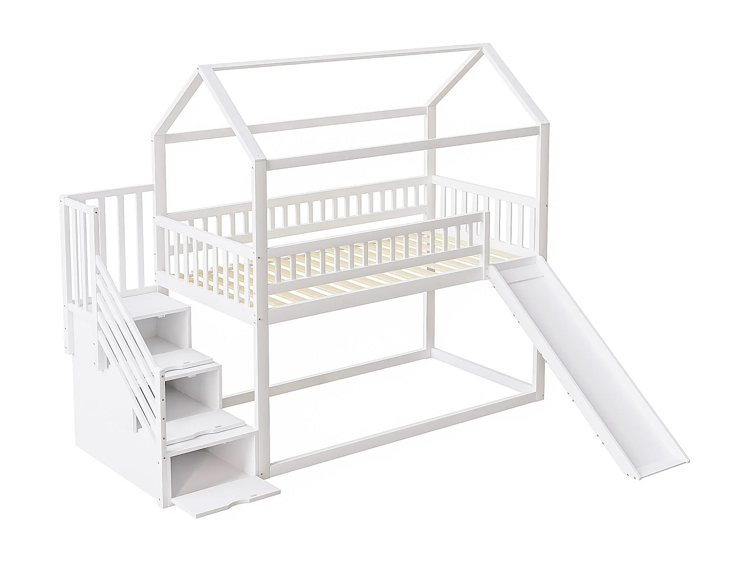 Kinder-Hochbett 90x200 cm – mit Rutsche und Aufbewahrungsleiter – Massivholz – mit Lattenrost – Weiß