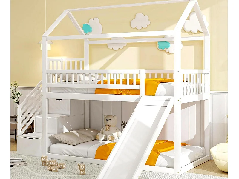Letto soppalcato per bambini 90x200 cm - con scivolo e scaletta portaoggetti - in legno massello - con rete a doghe - Bianco