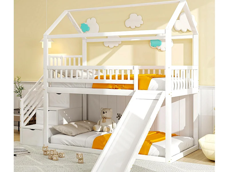 Kinder-Hochbett 90x200 cm – mit Rutsche und Aufbewahrungsleiter – Massivholz – mit Lattenrost – Weiß