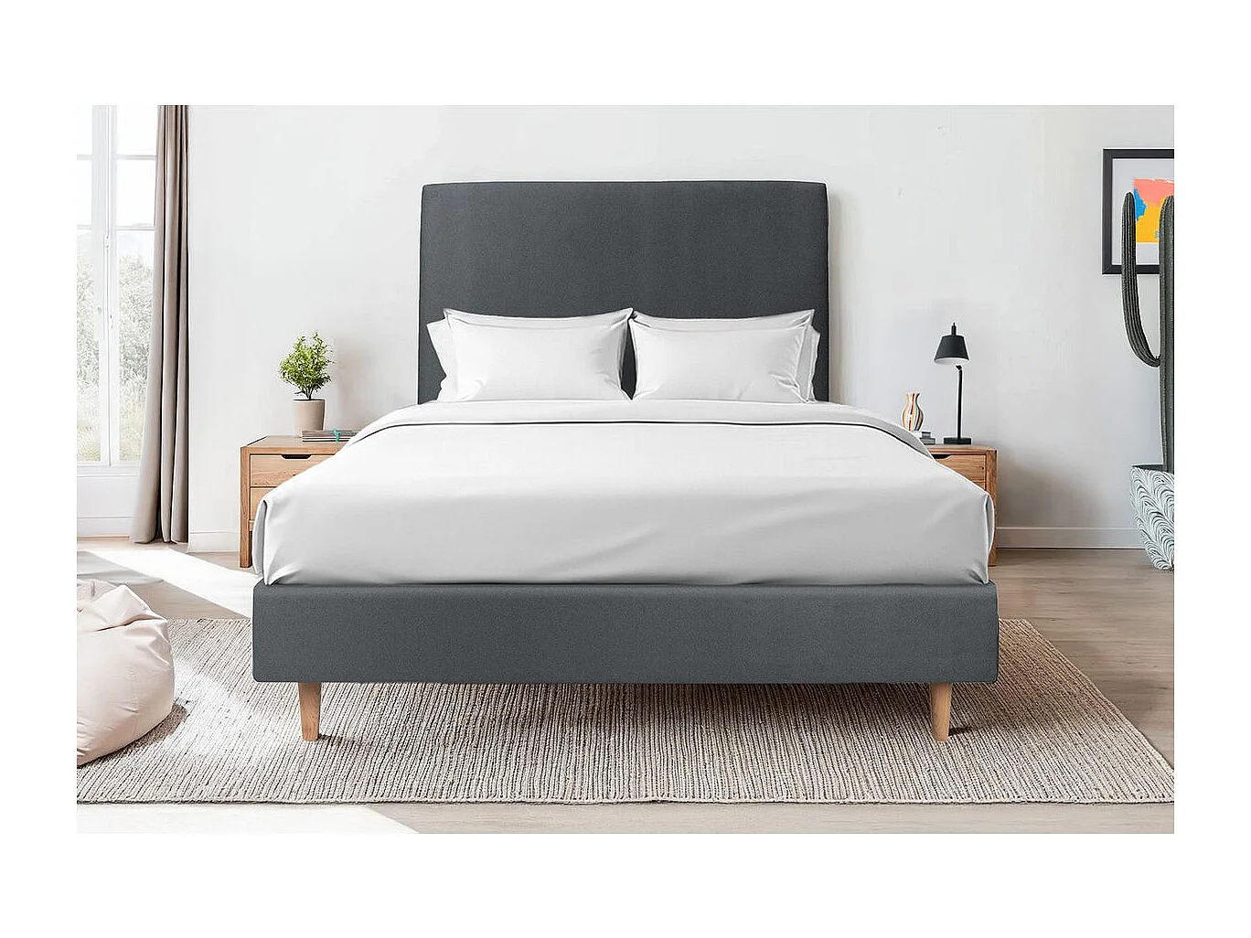 Sommier Tapissier Velours Gris anthracite 150x200 H35cm