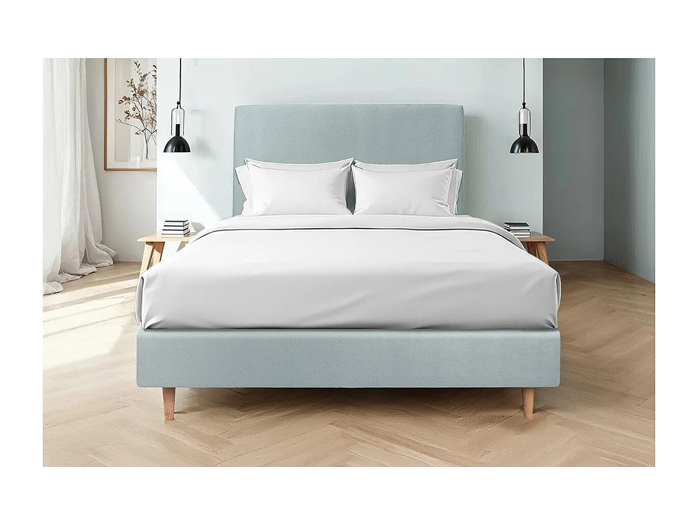 Sommier Tapissier Velours Gris bleuté 160x200 H35cm