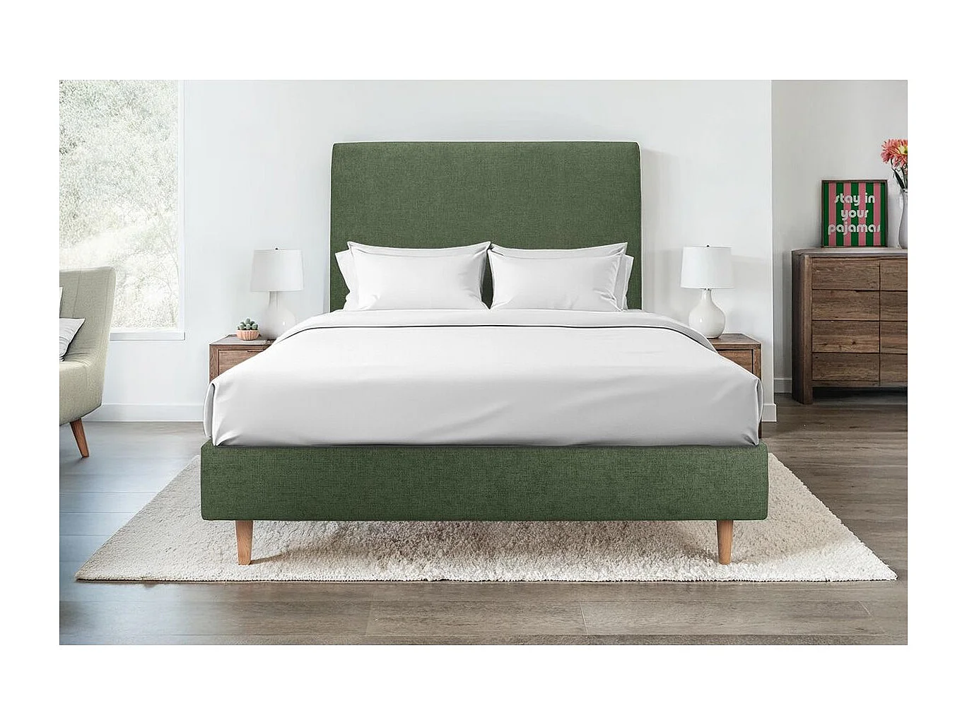 Sommier Tapissier Tissu Vert 135x190 H35cm