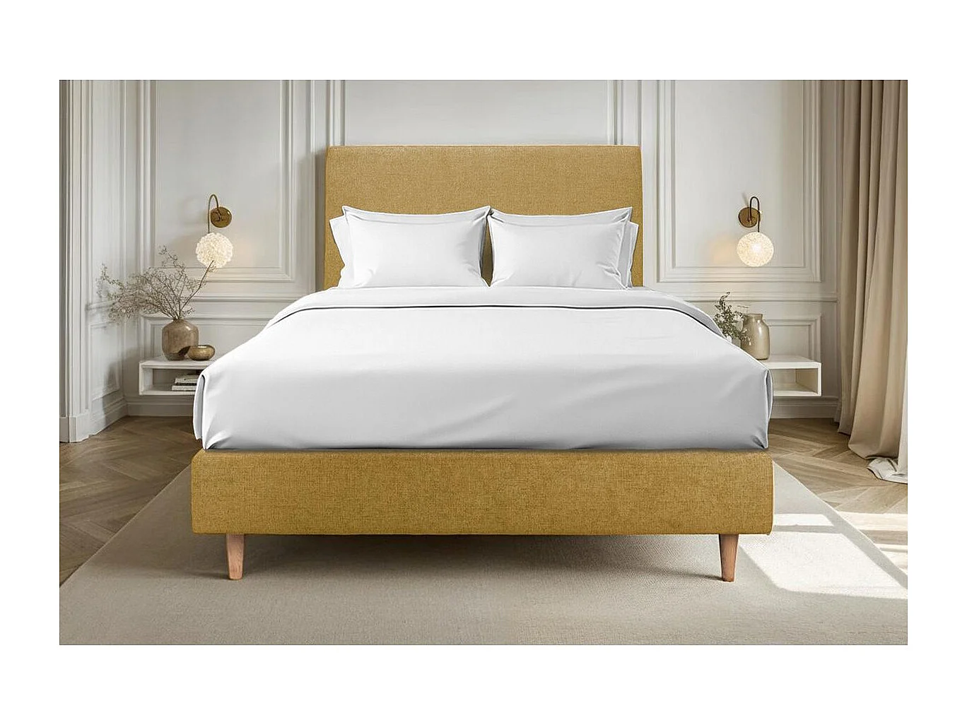 Sommier Tapissier Tissu Jaune 135x190 H35cm