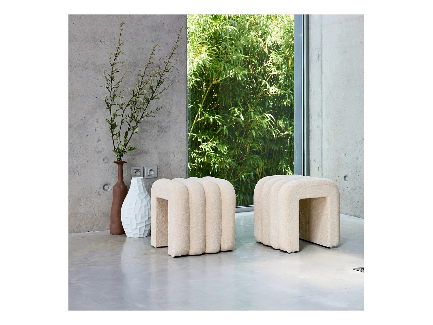 Puff contemporáneo de tela, set de 2 beige
