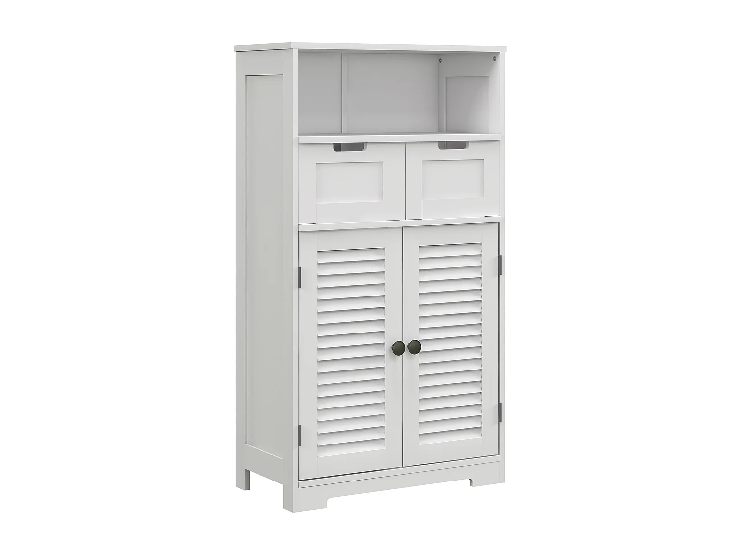 Meuble de salle de bain sur pied 2 portes persiennes 2 tiroirs niche blanc