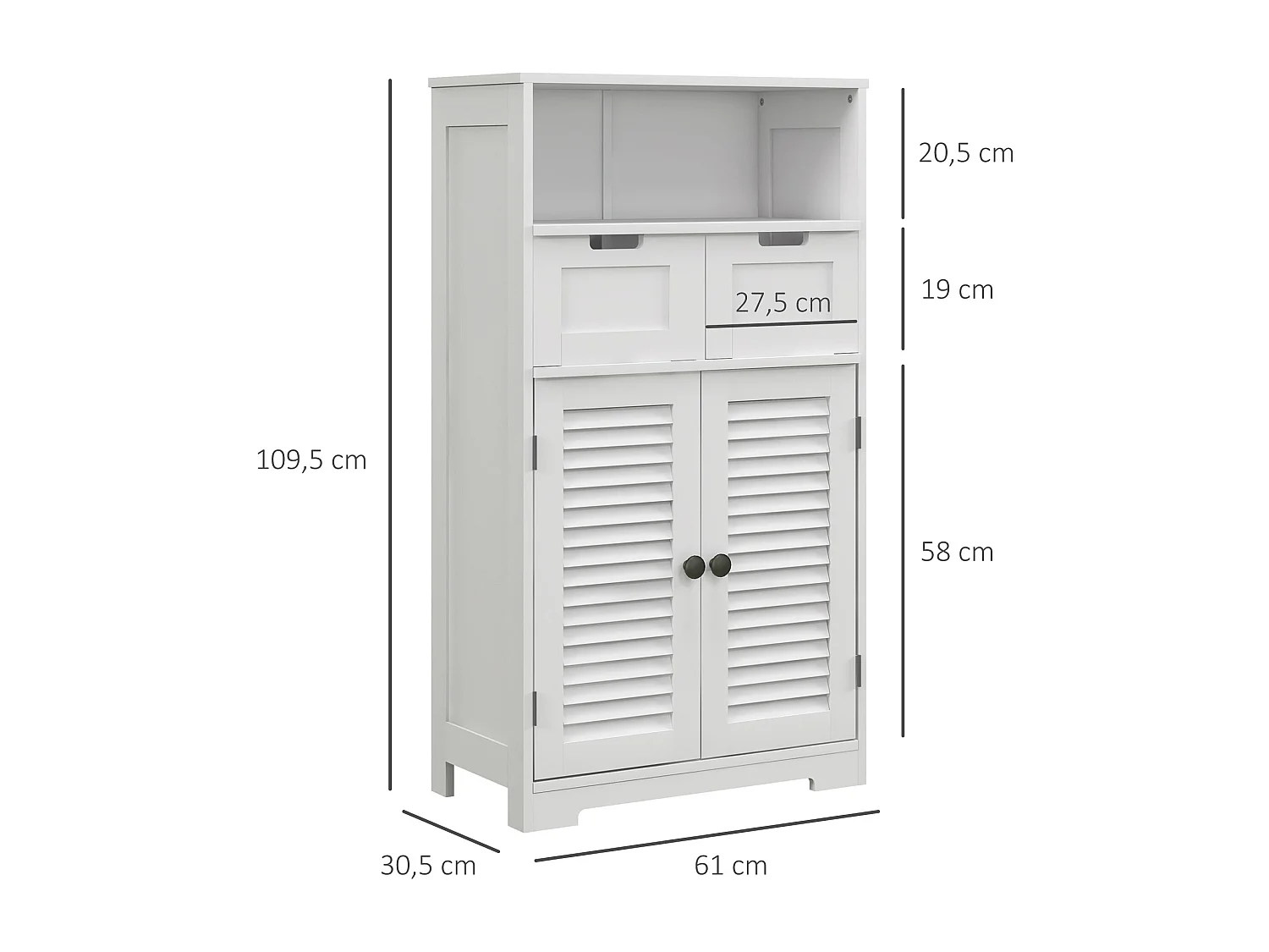 Meuble de salle de bain sur pied 2 portes persiennes 2 tiroirs niche blanc