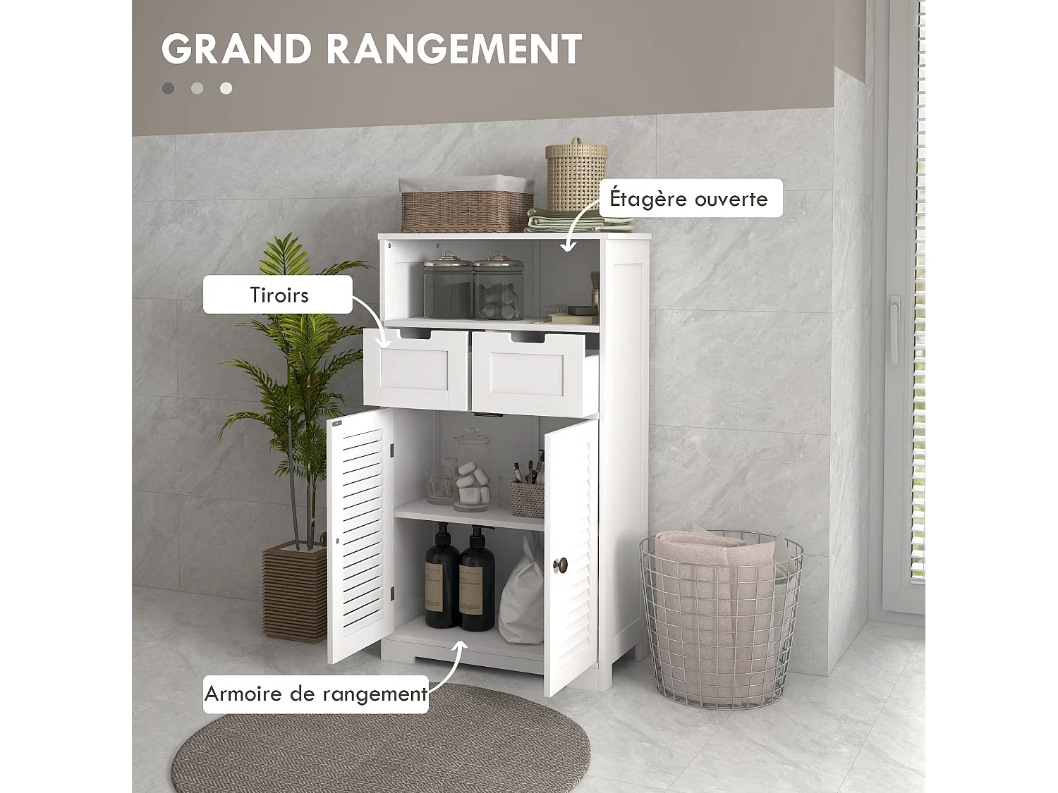 Meuble de salle de bain sur pied 2 portes persiennes 2 tiroirs niche blanc