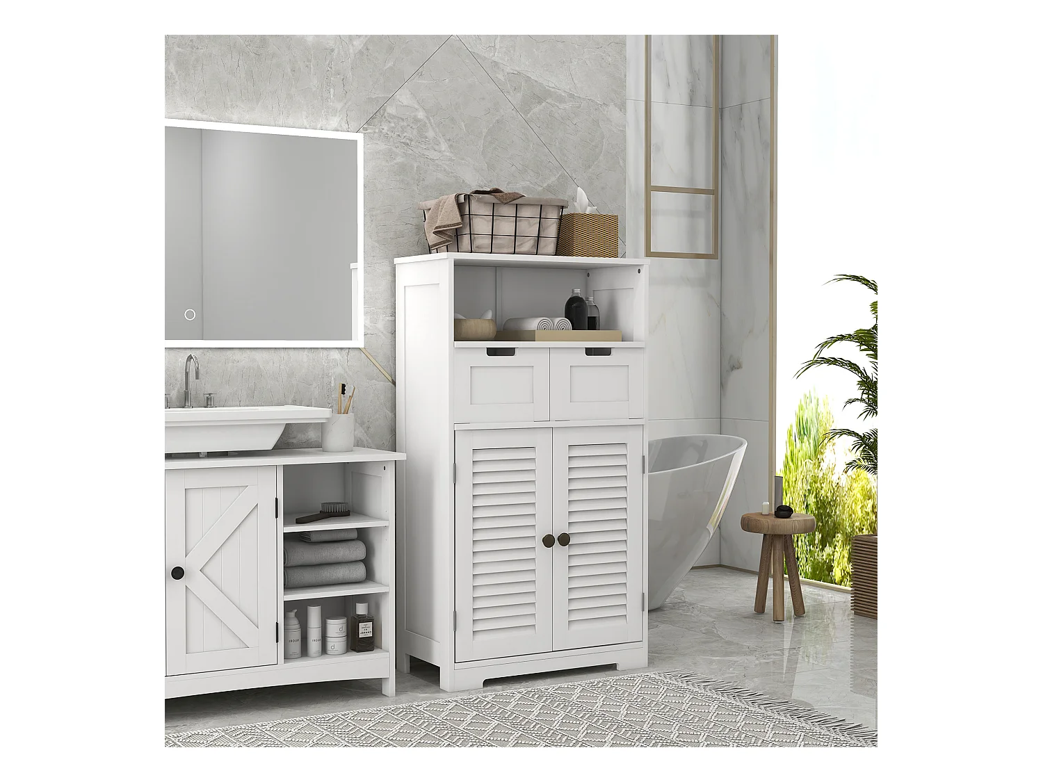 Meuble de salle de bain sur pied 2 portes persiennes 2 tiroirs niche blanc