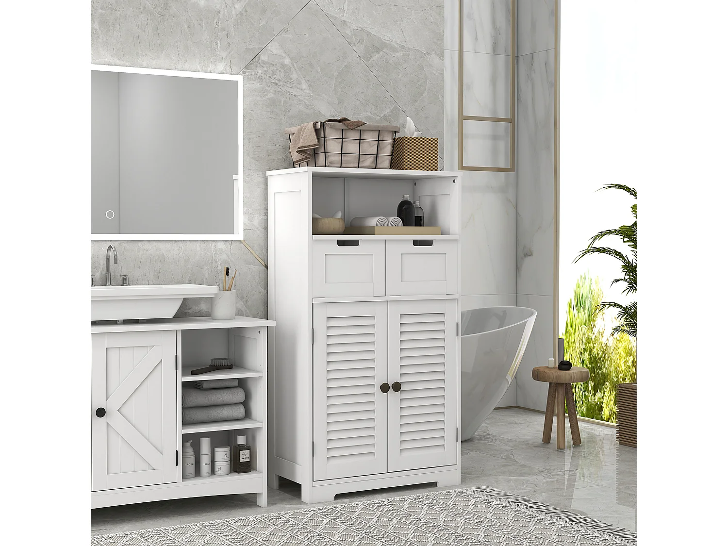 Meuble de salle de bain sur pied 2 portes persiennes 2 tiroirs niche blanc