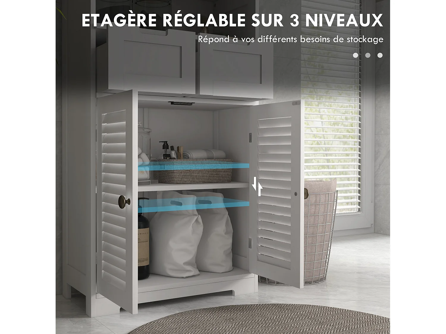 Meuble de salle de bain sur pied 2 portes persiennes 2 tiroirs niche blanc