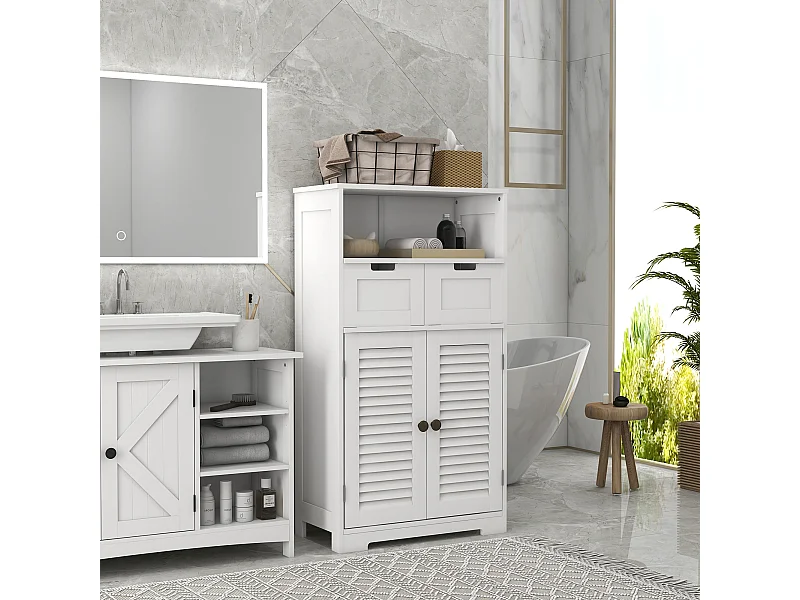 Meuble de salle de bain sur pied 2 portes persiennes 2 tiroirs niche blanc