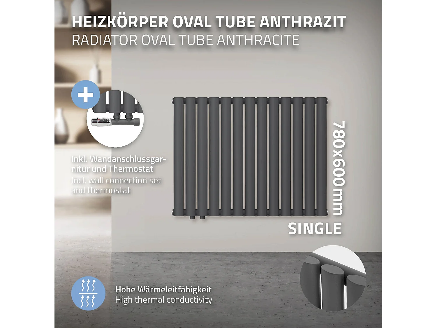 Radiateur anthracite simple couche tube ovale + raccord à gauche mural 780x600mm