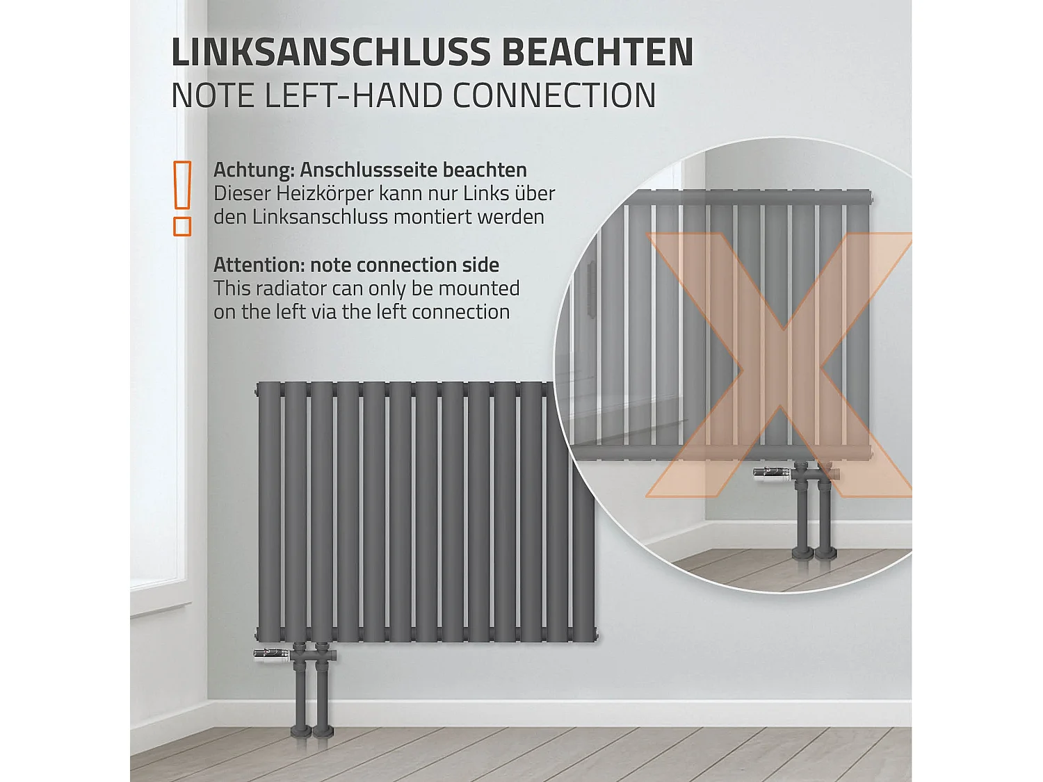 Radiateur anthracite simple couche tube ovale + raccord à gauche mural 780x600mm
