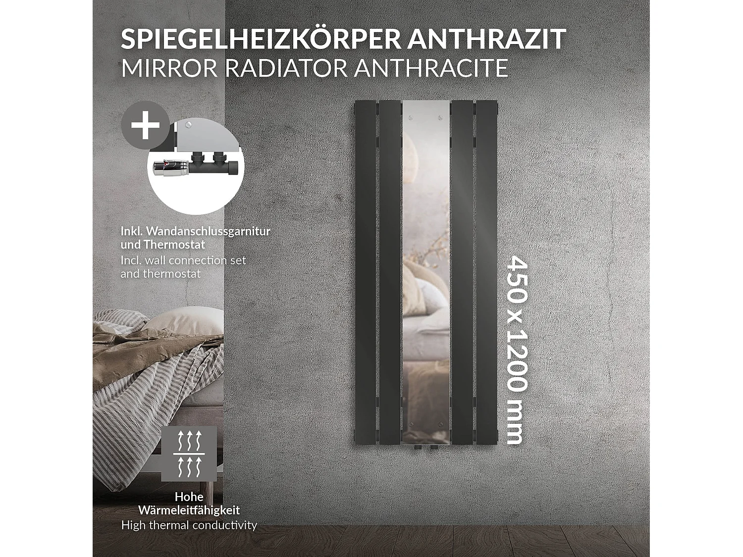 Radiateur plat vertical anthracite 45x120cm + miroir et kit raccordement d'angle