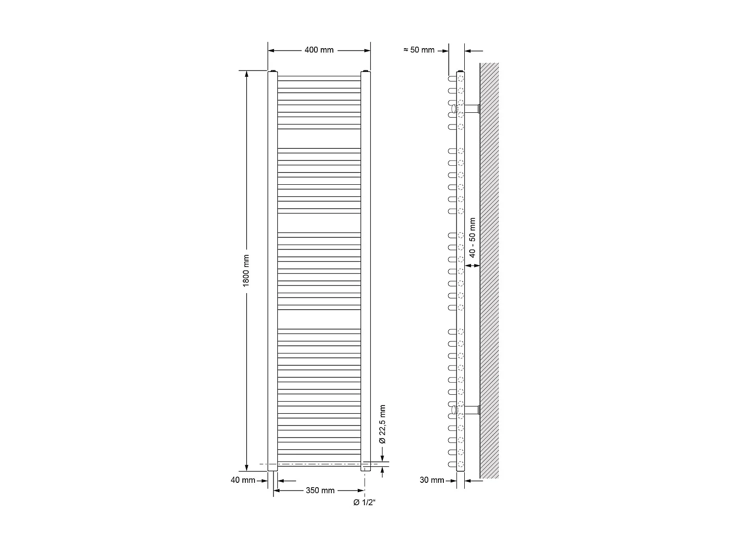 Radiador toallero de baño 40x180 cm calefactor cromado estufa diseño curvado