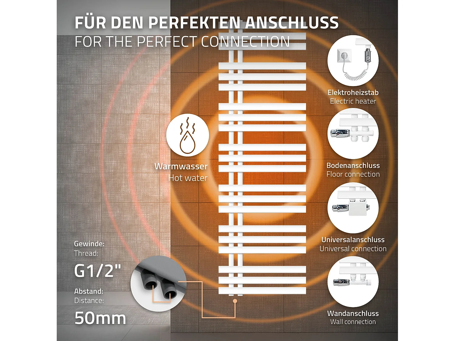 Radiateur chauffage sèche-serviettes salle de bains Iron EM blanc 500 x 1600 mm