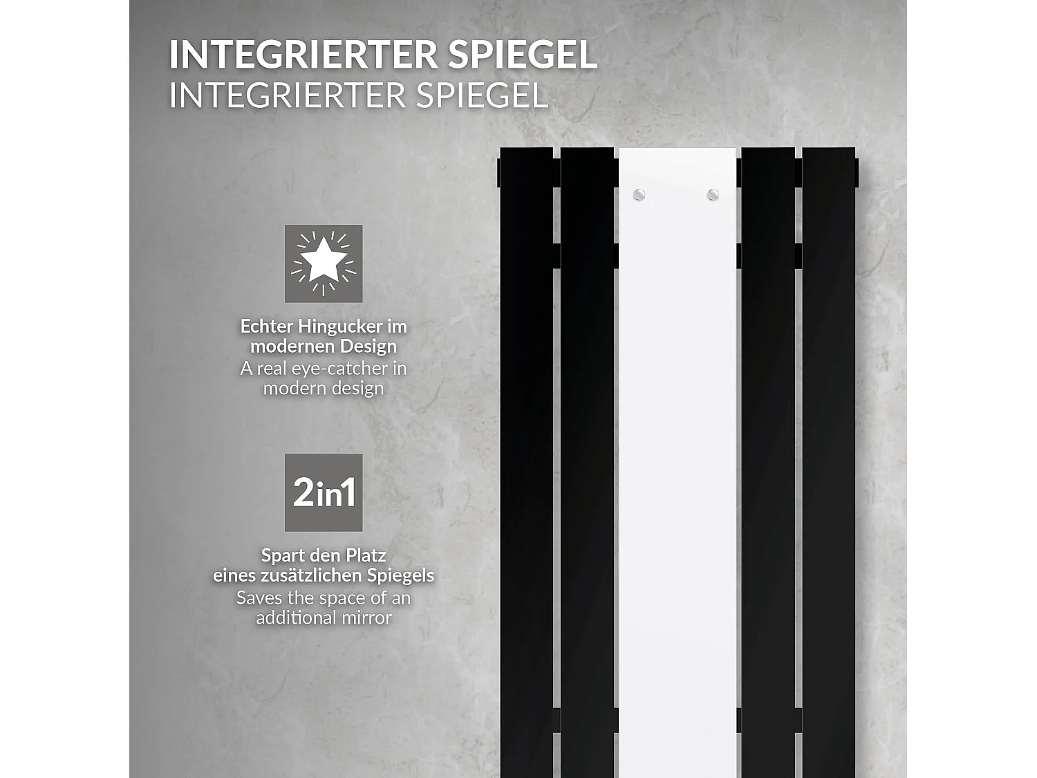 Radiatore a pannello con specchio 450x1600 mm nero raccordo universale ad angolo