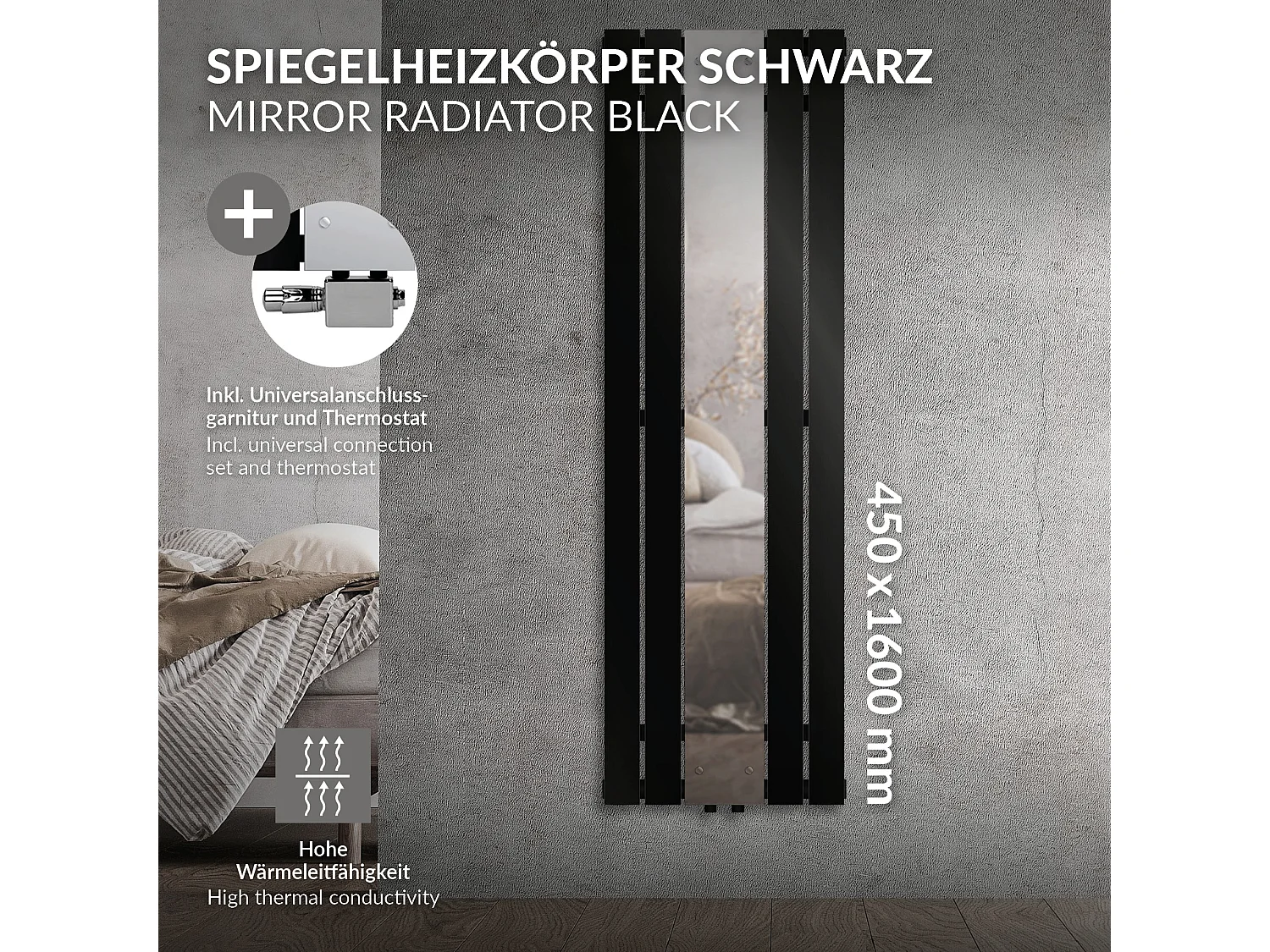 Radiateur plat noir mat 450x1600 mm avec miroir et kit raccordement universel